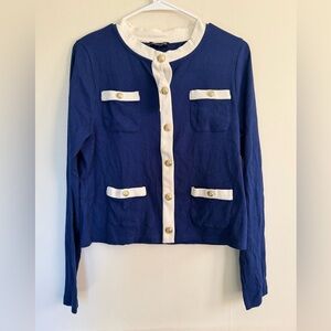 J. Crew Vintage Rib Lady Cardigan- Blue and Cream Blazer with Gold Buttons NWT